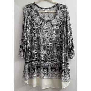 Rose & Olive 2X Black White Top Geometric Layered 3/4 Sleeve Boho Artsy Office